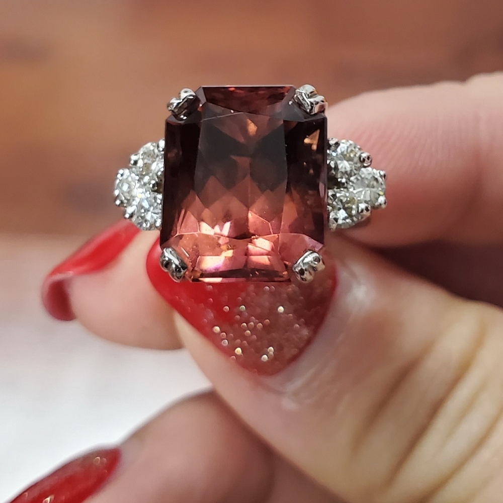 Elegant 14K white gold tourmaline gemstone right with side diamonds